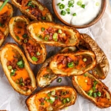 platter of Crispy Oven Baked Potato Skins with sour cream