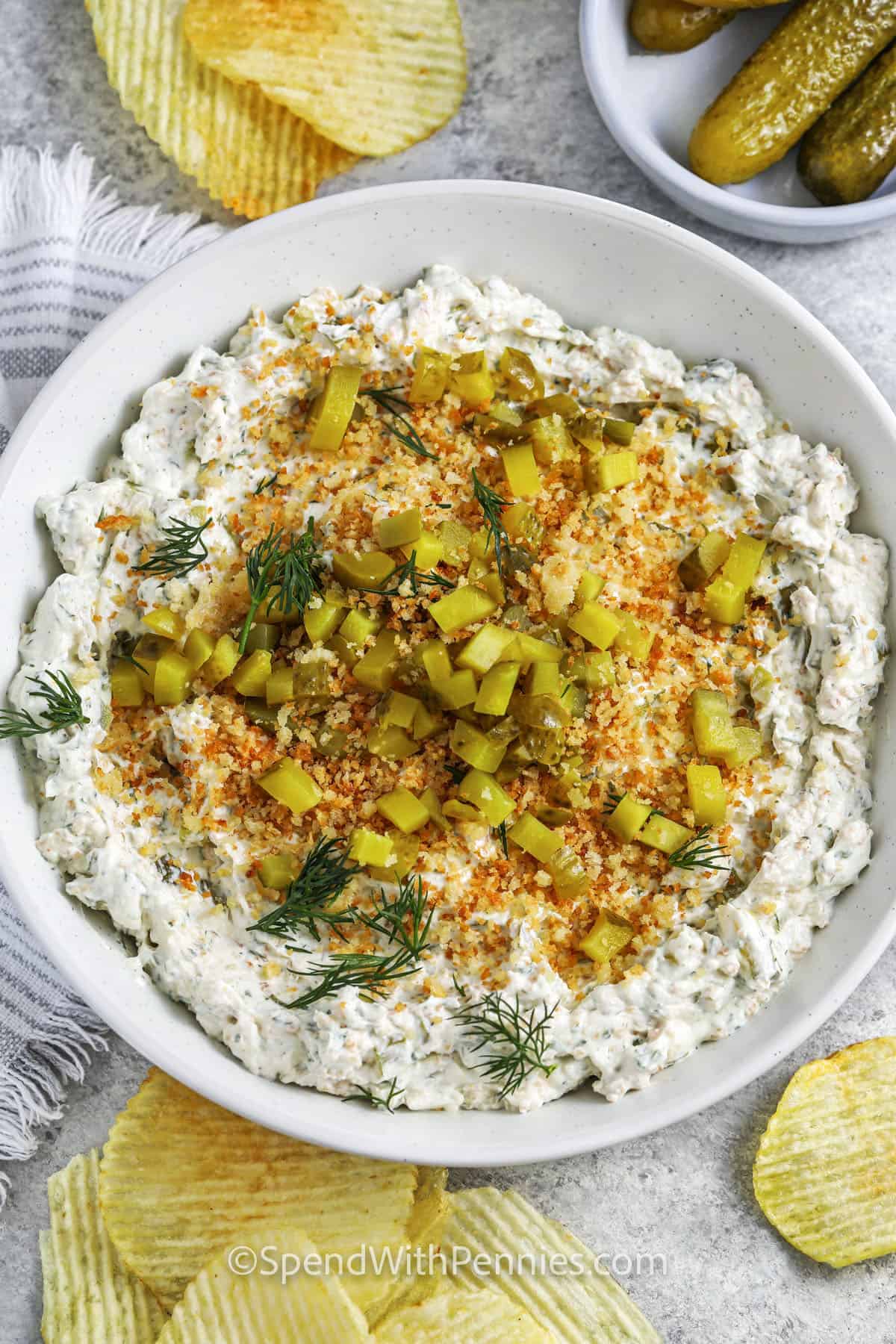 plated Fried Pickle Dip with chips