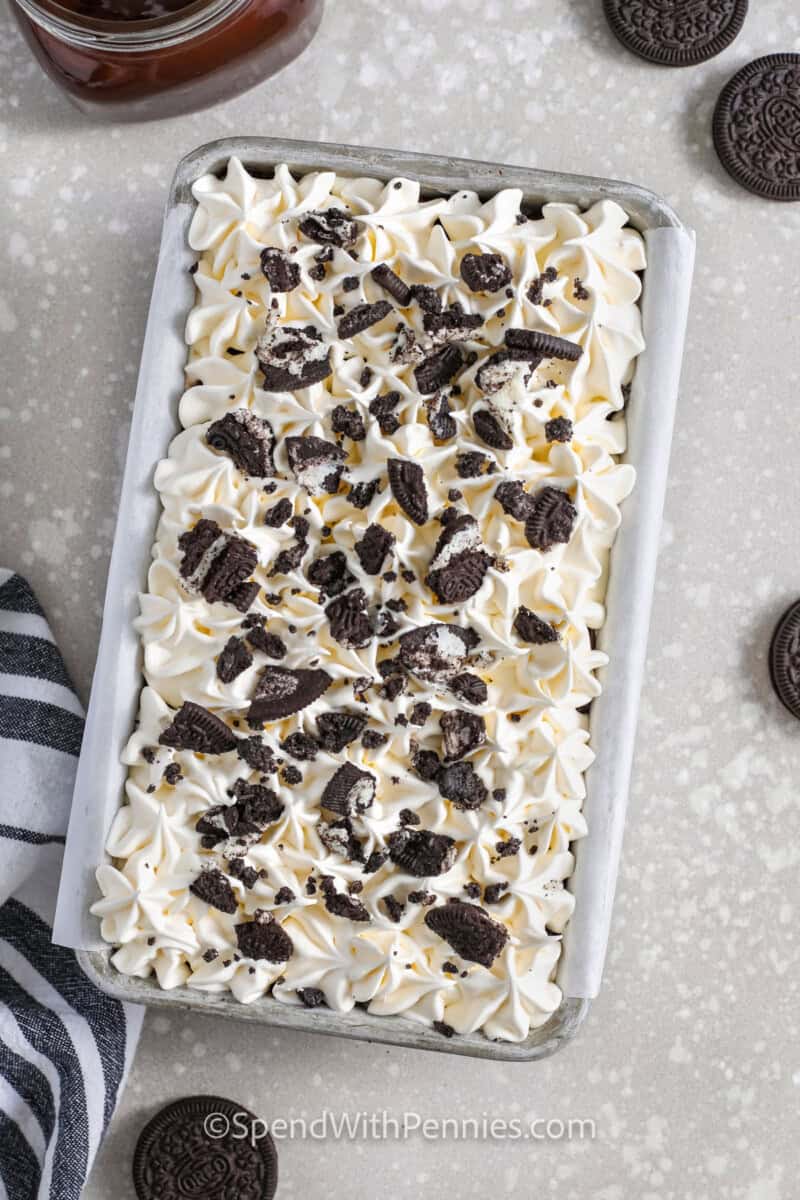 finished Oreo Ice Cream Cake in the pan