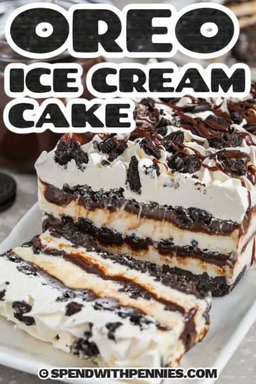 Oreo Ice Cream Cake with chocolate sauce and a title