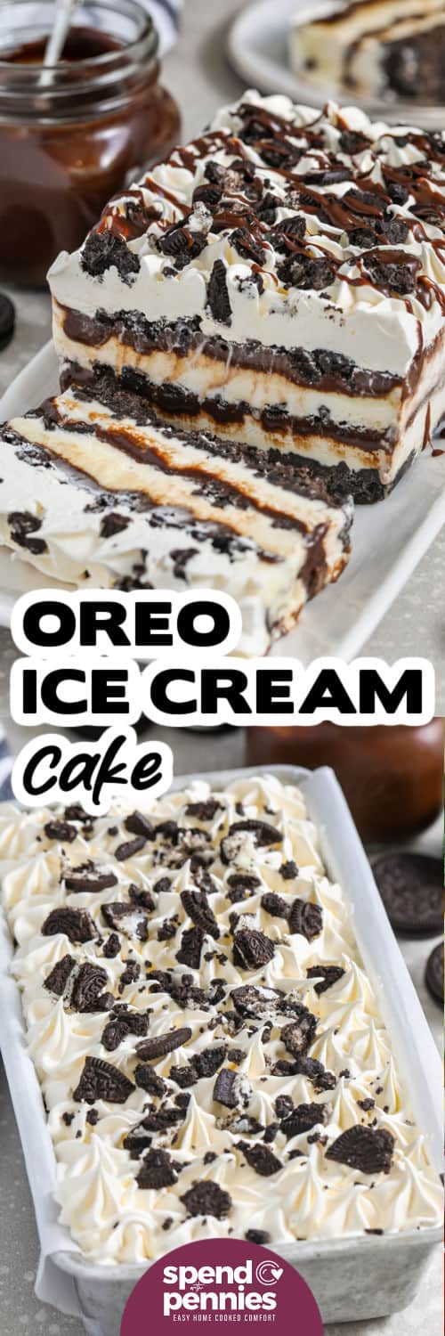 Oreo Ice Cream Cake in the pan and sliced with a title