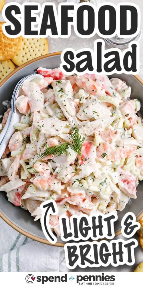 light and bright Seafood Salad in a bowl with writing