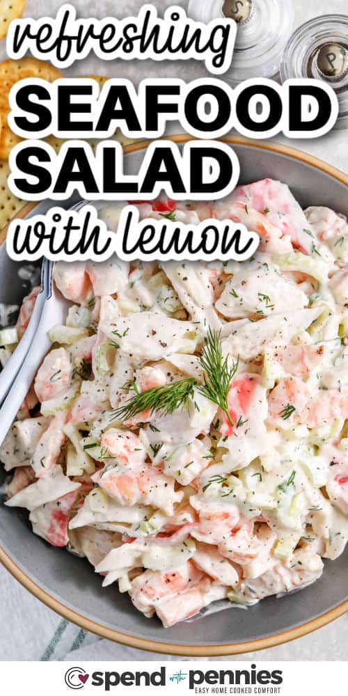 refreshing Seafood Salad with lemon and writing