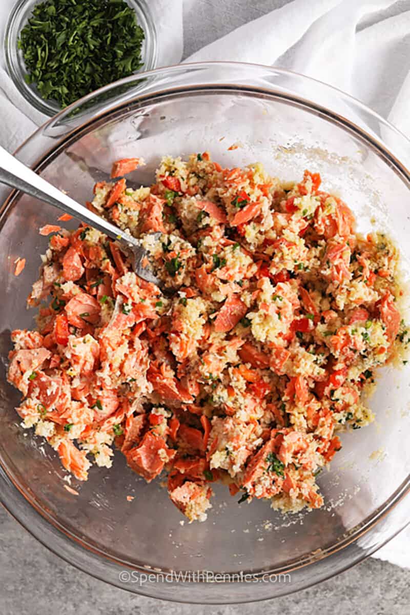 mixing ingredients to make Salmon Croquettes