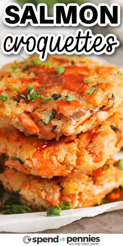 close up of Salmon Croquettes with a title