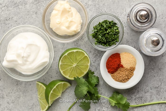 Ingredients assembled to make Fish Taco Sauce