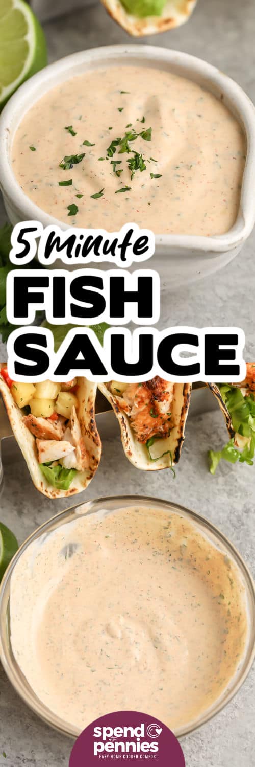 5 minute Fish Taco Sauce mixed in a bowl and plated with a title