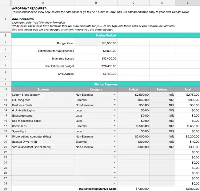 business budget template, startup budget template