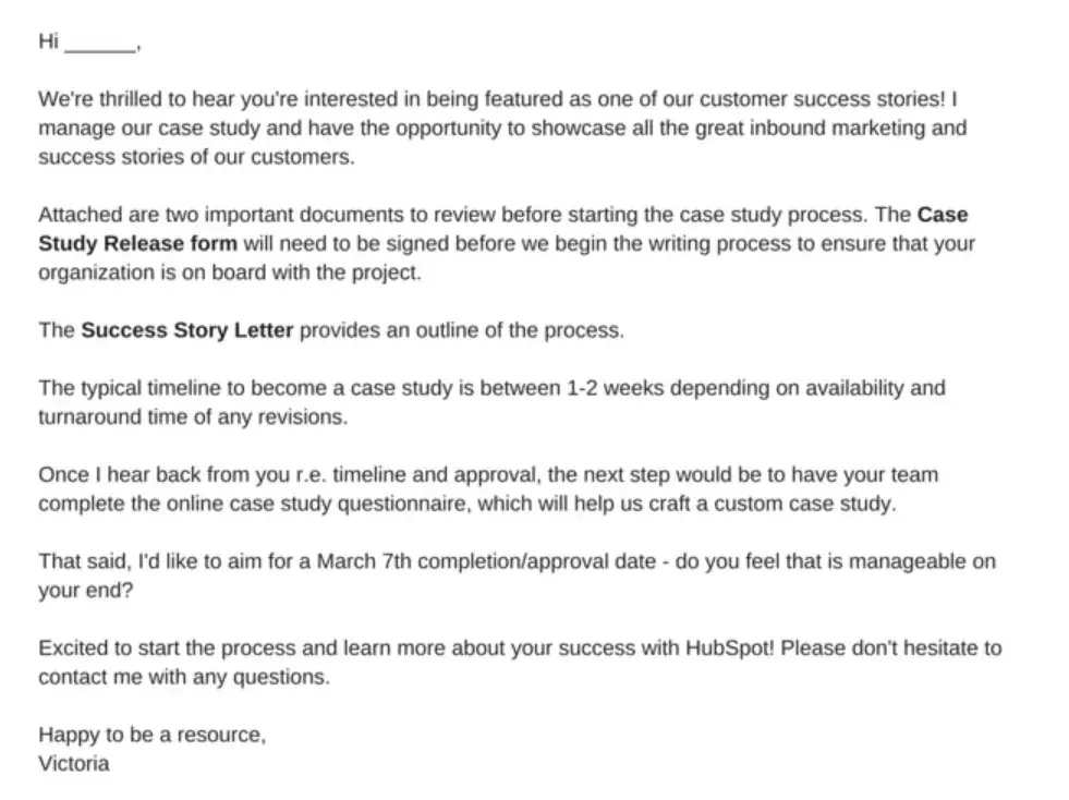 Screenshot of example of case study email template