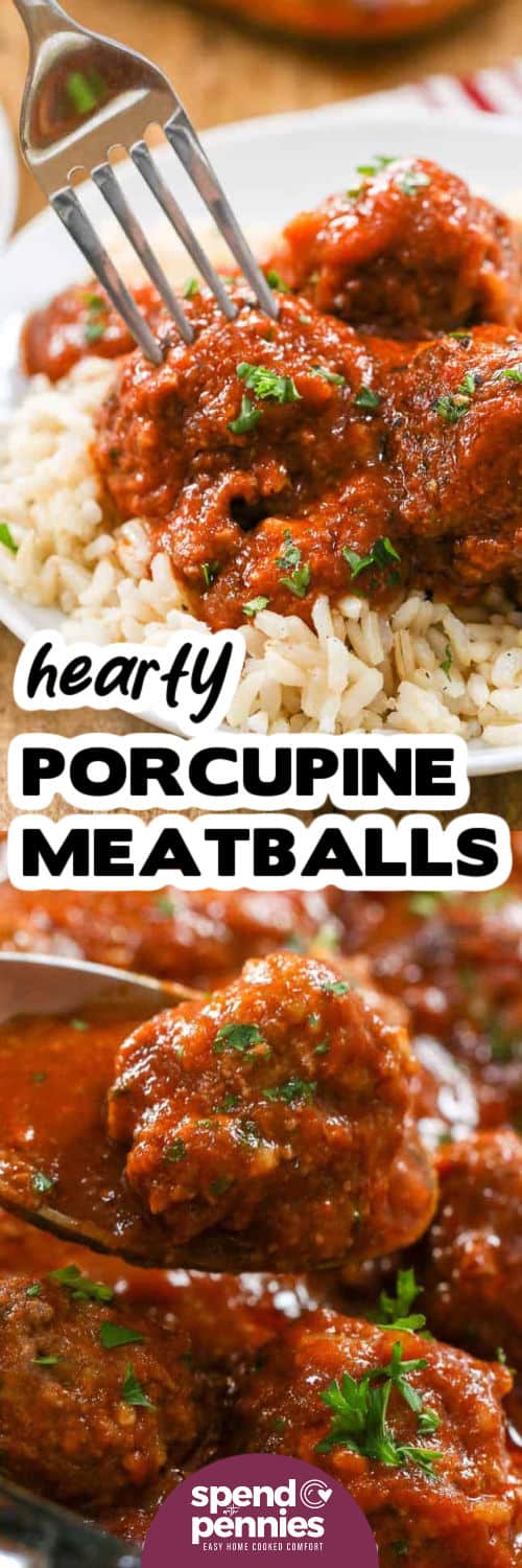 hearty Porcupine Meatballs in the pan and plated with a title