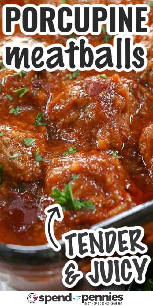 juicy Porcupine Meatballs in the pan with writing