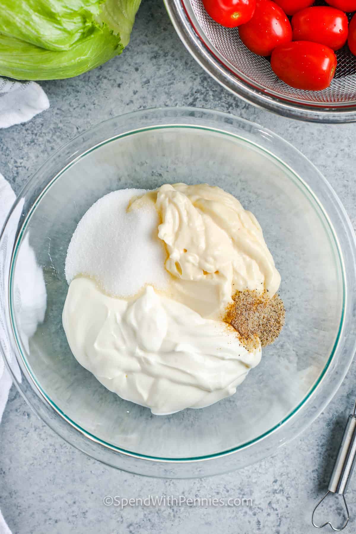 adding ingredients together to make dressing for 7 Layer Salad