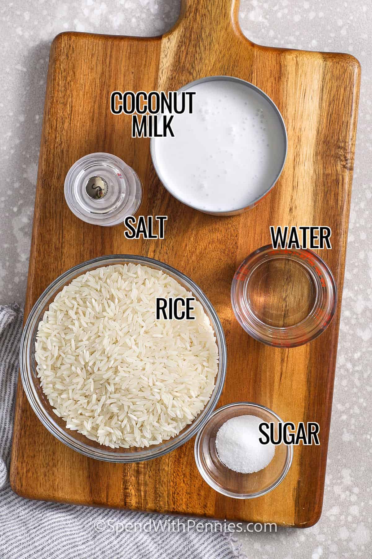 water , salt , rice , sugar , coconut milk on a wooden board with labels to make Coconut Rice