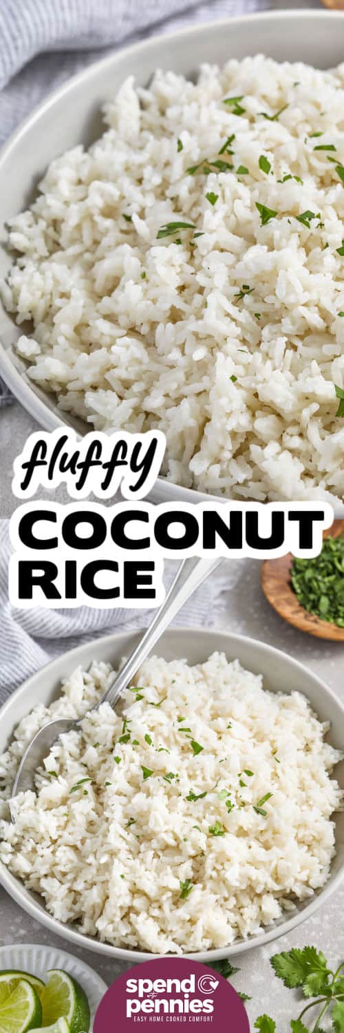 fluffy Coconut Rice in a bowl and close up with a title