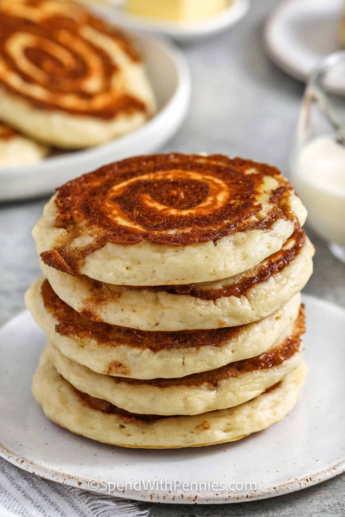 stack of Cinnamon Roll Pancakes