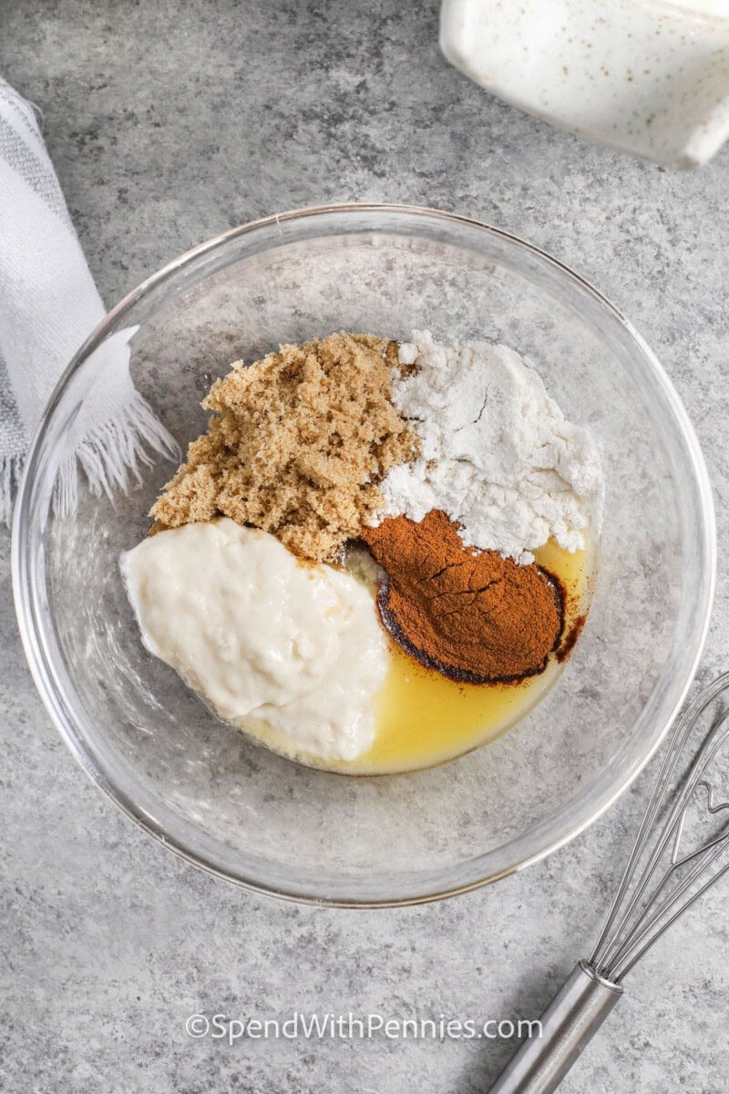 adding cinnamon swirl ingredients together in a bowl to make Cinnamon Roll Pancakes