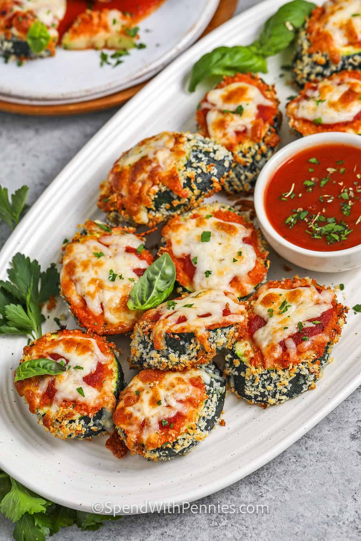 close up of plated Zucchini Parmesan