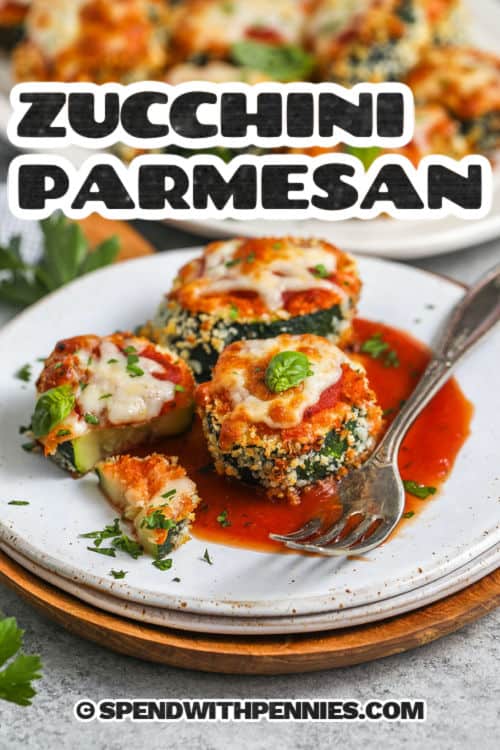 plated Zucchini Parmesan with marinara over the top with a title