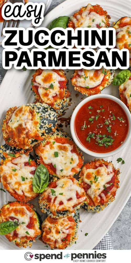 easy Zucchini Parmesan with marinara and a title