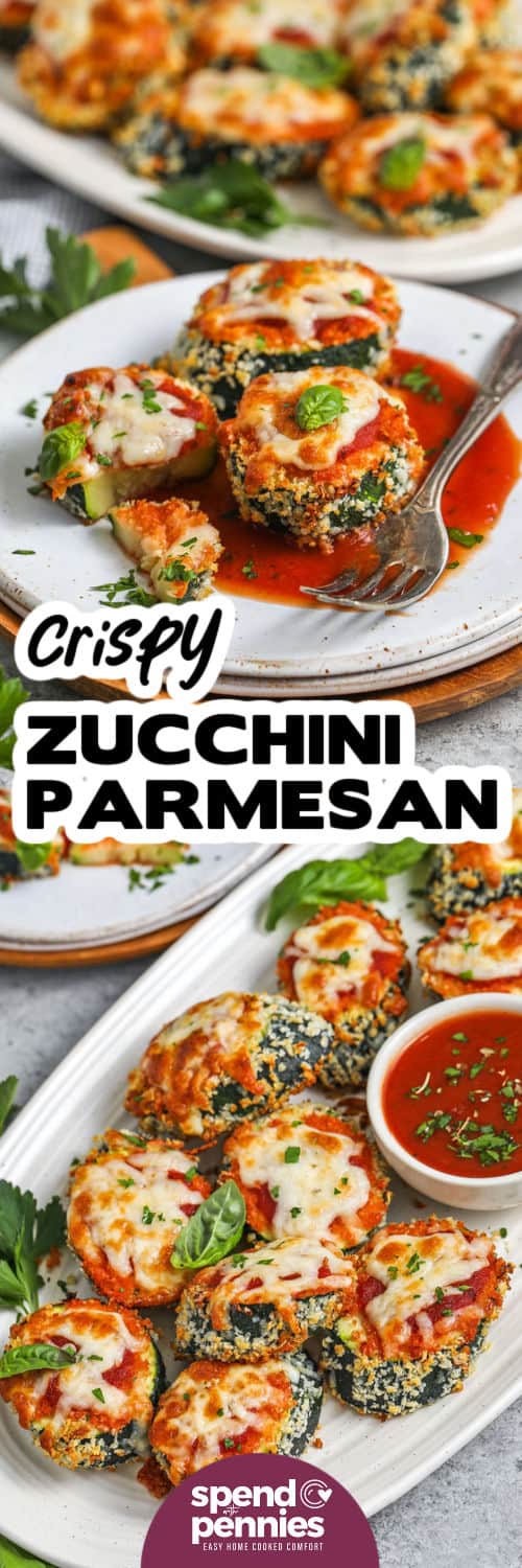 plate of Zucchini Parmesan with marinara sauce and plated dish with a title