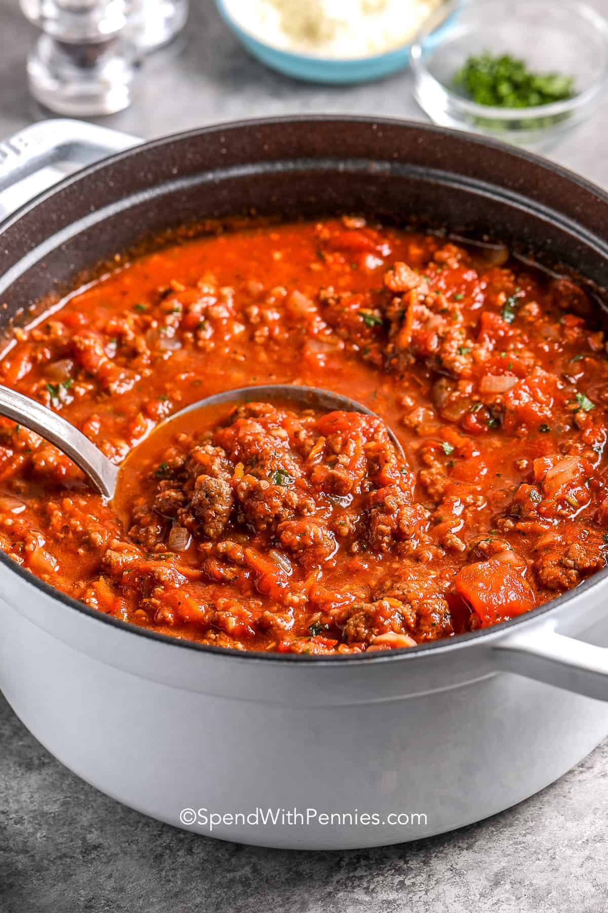 pot of Homemade Spaghetti Sauce with a laddle