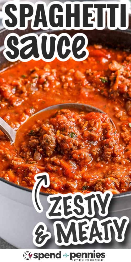 zesty Homemade Spaghetti Sauce in the pot with writing