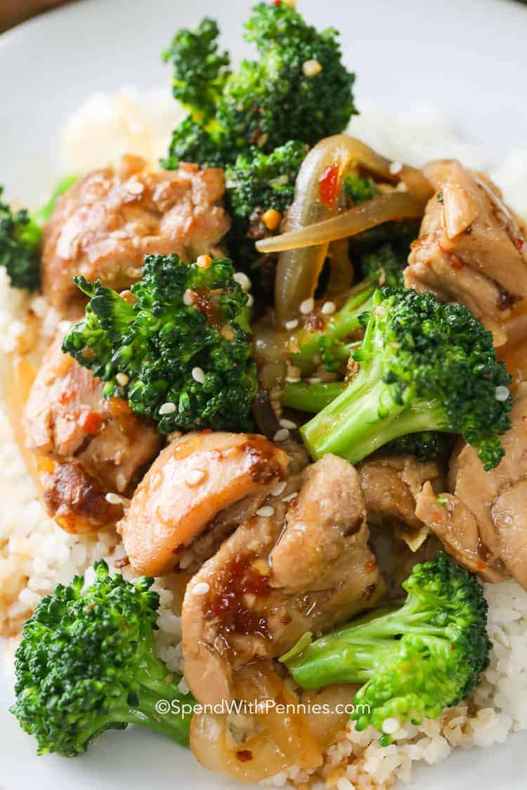 Chicken and Broccoli Stir Fry with rice on a plate