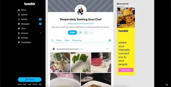 Screenshot showing the cooking blog, “Desperately Seeking Sous Chef” hosted on Tumblr.