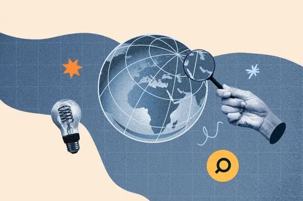 Regional vs Global marketing strategy graphic with a globe, lightbulb for strategy and magnifiying glass for research.