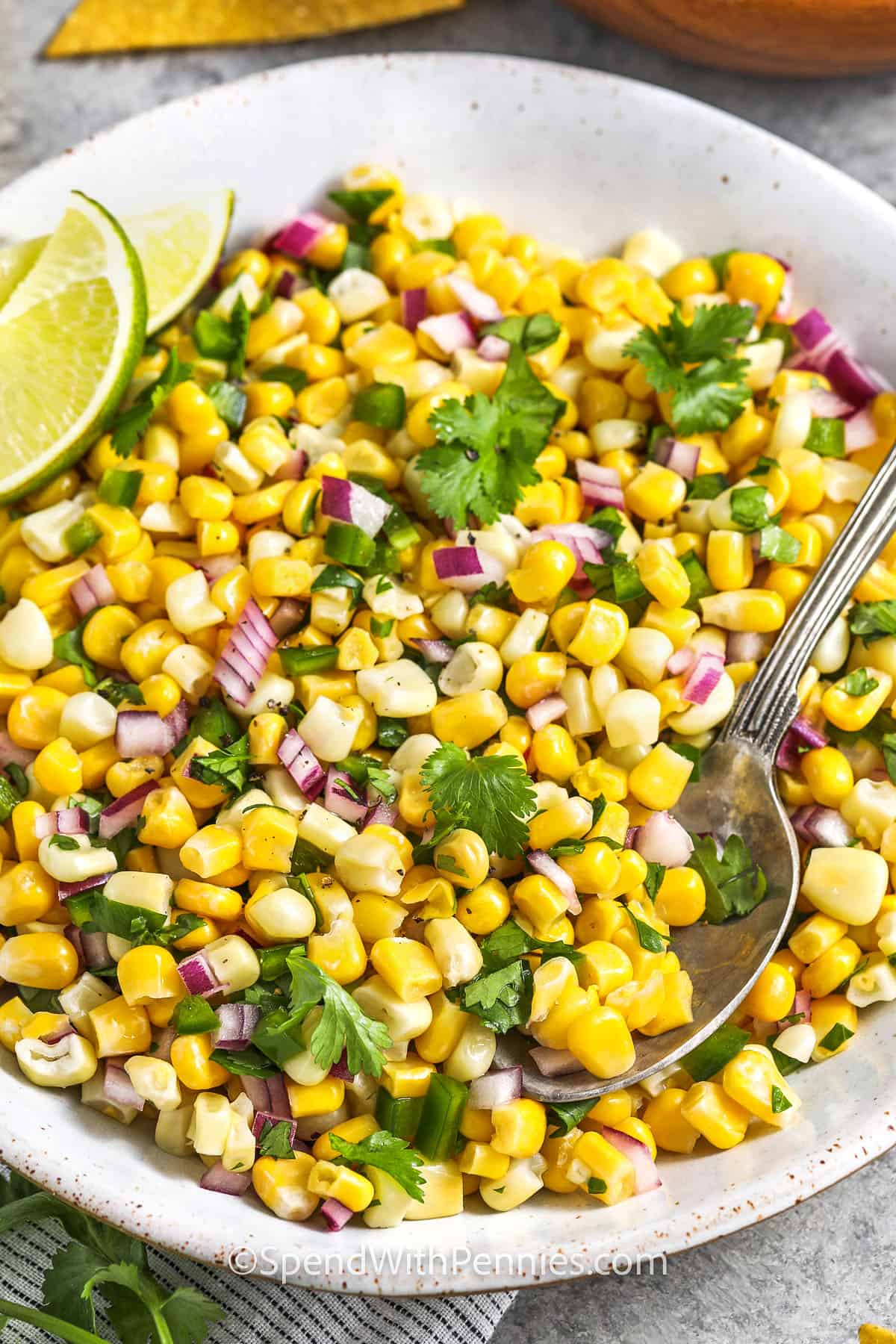 Corn Salsa on a plate with a spoon