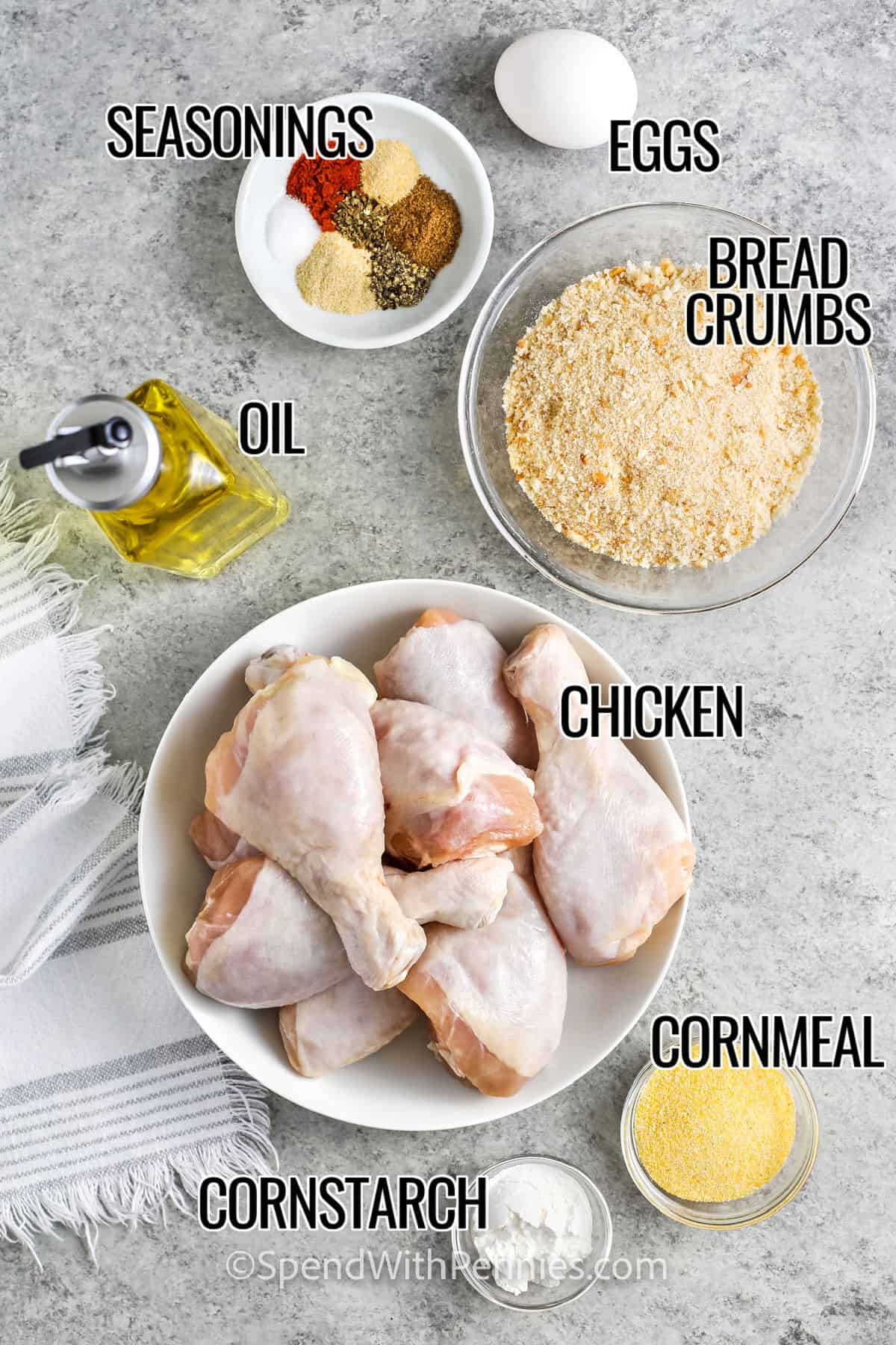 bread crumbs , seasonings , eggs , oil , cornmeal , cornstarch , chicken with labels to make Shake and Bake