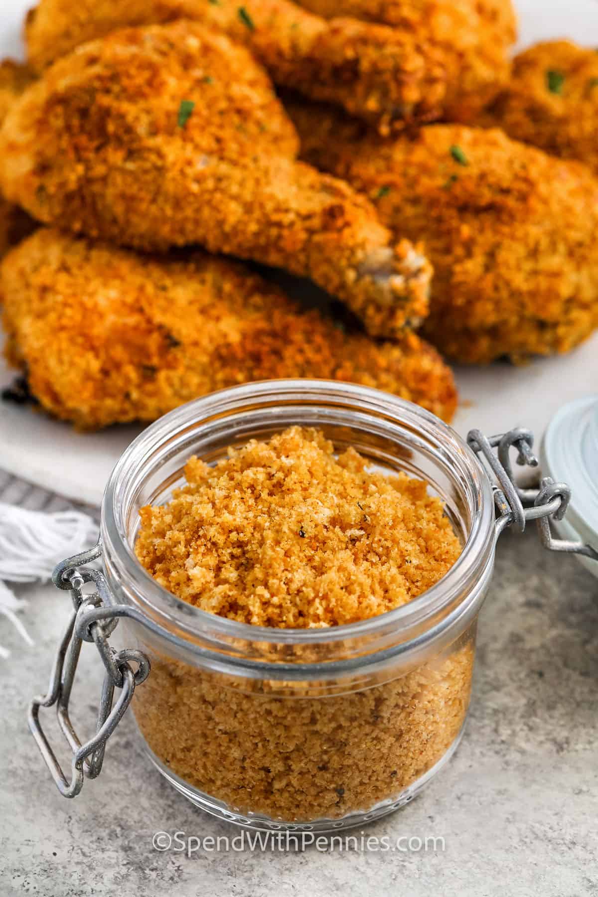 jar of Shake and Bake and plated chicken with shake and bake