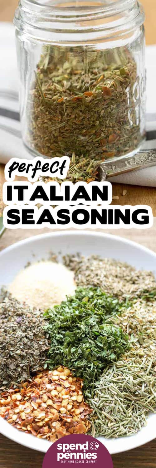 Italian Seasoning ingredients and Italian Seasoning in a jar with a title 