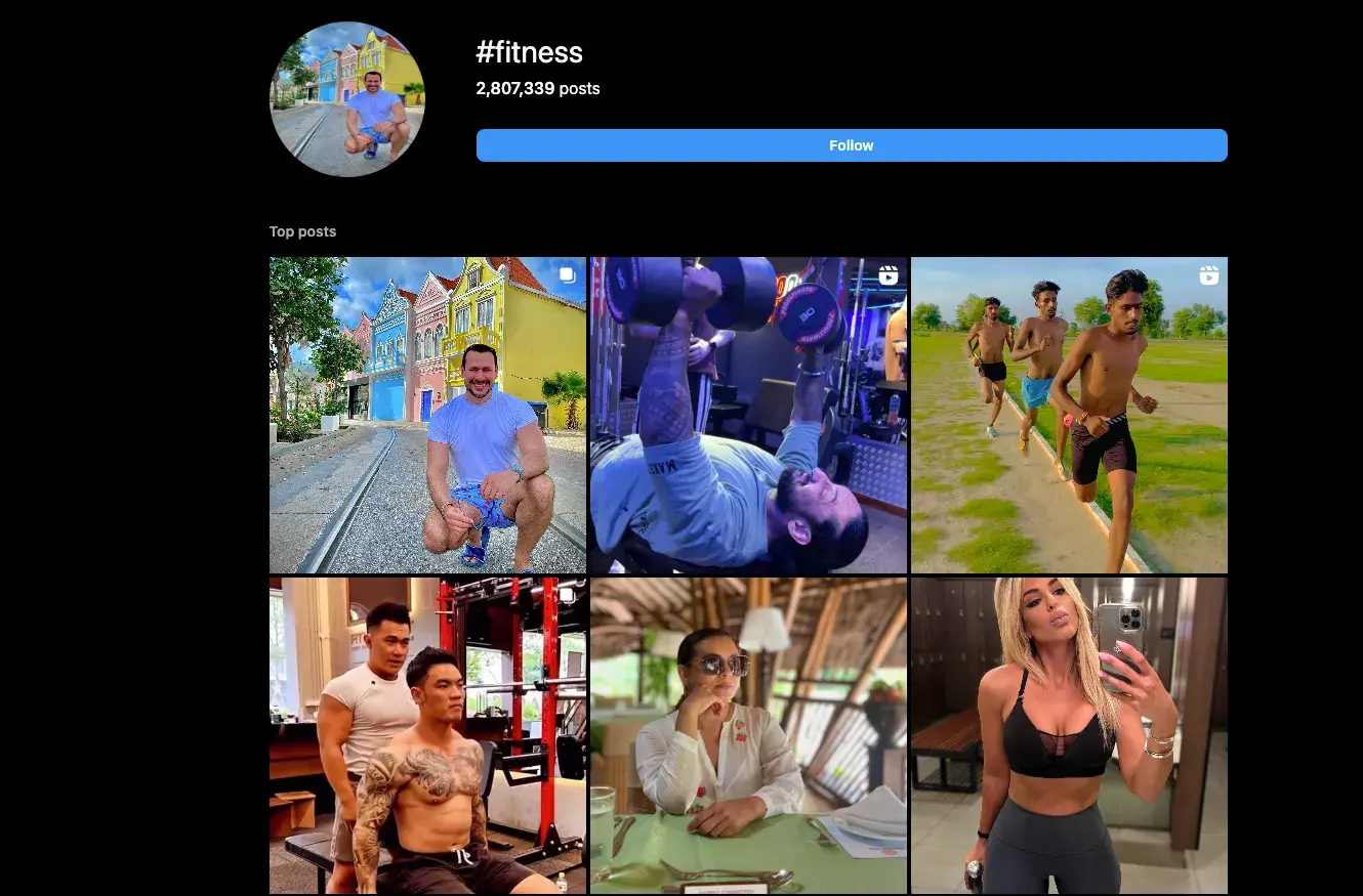 Screenshot showing the post results for #fitness on Instagram.