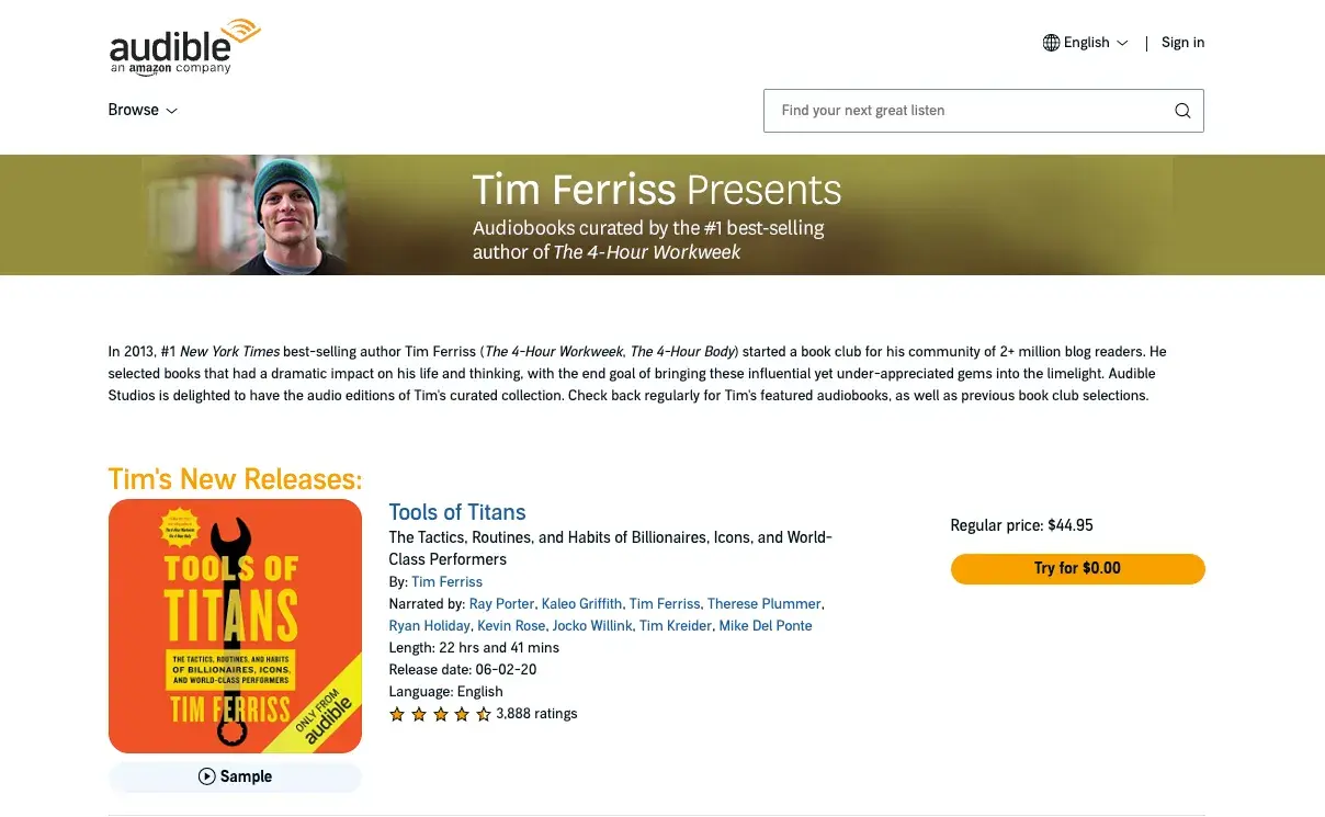 Screenshot of the Tim Ferriss collaboration page on Audible’s website.