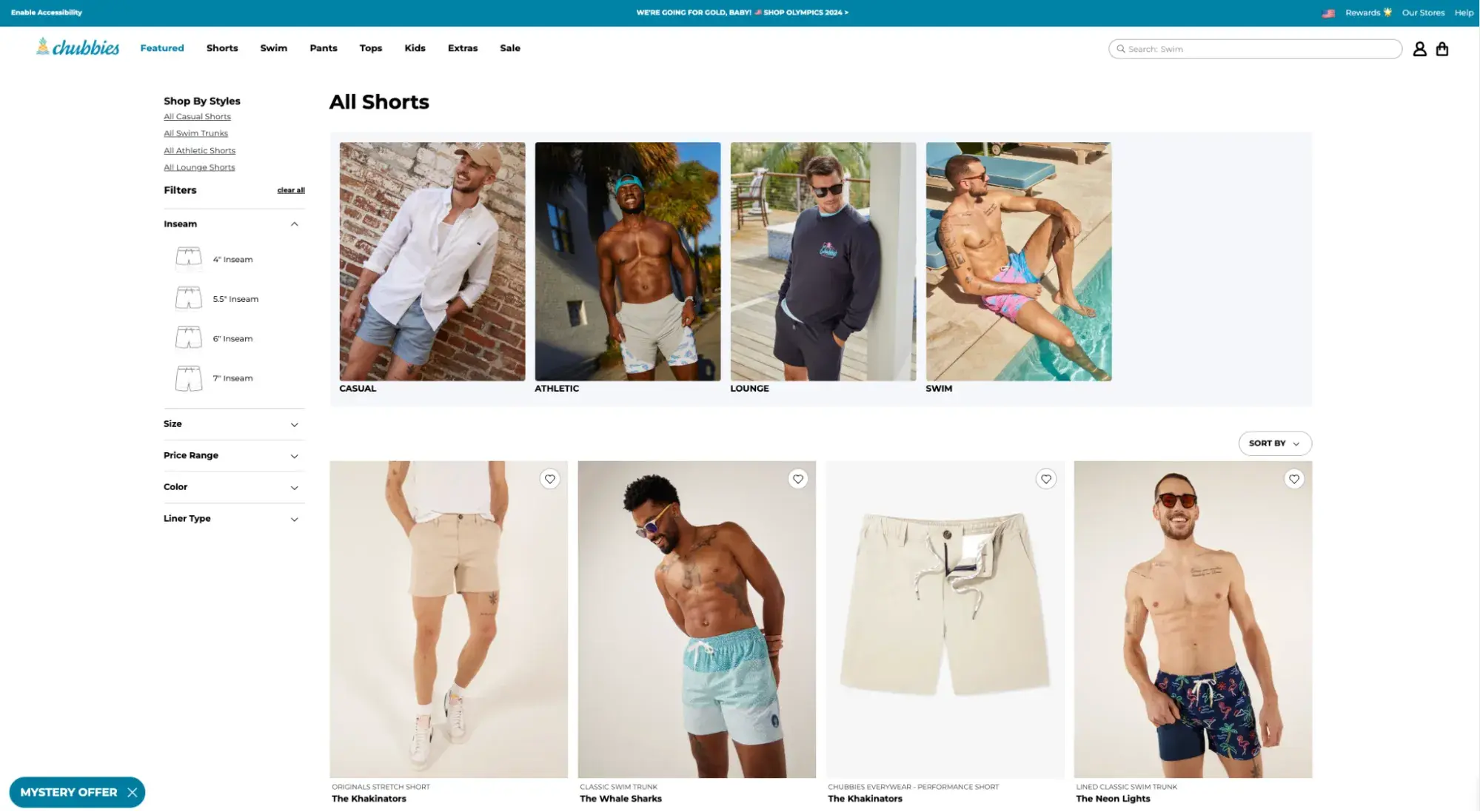 Screenshot showing the Chubbies shorts selection on its website.