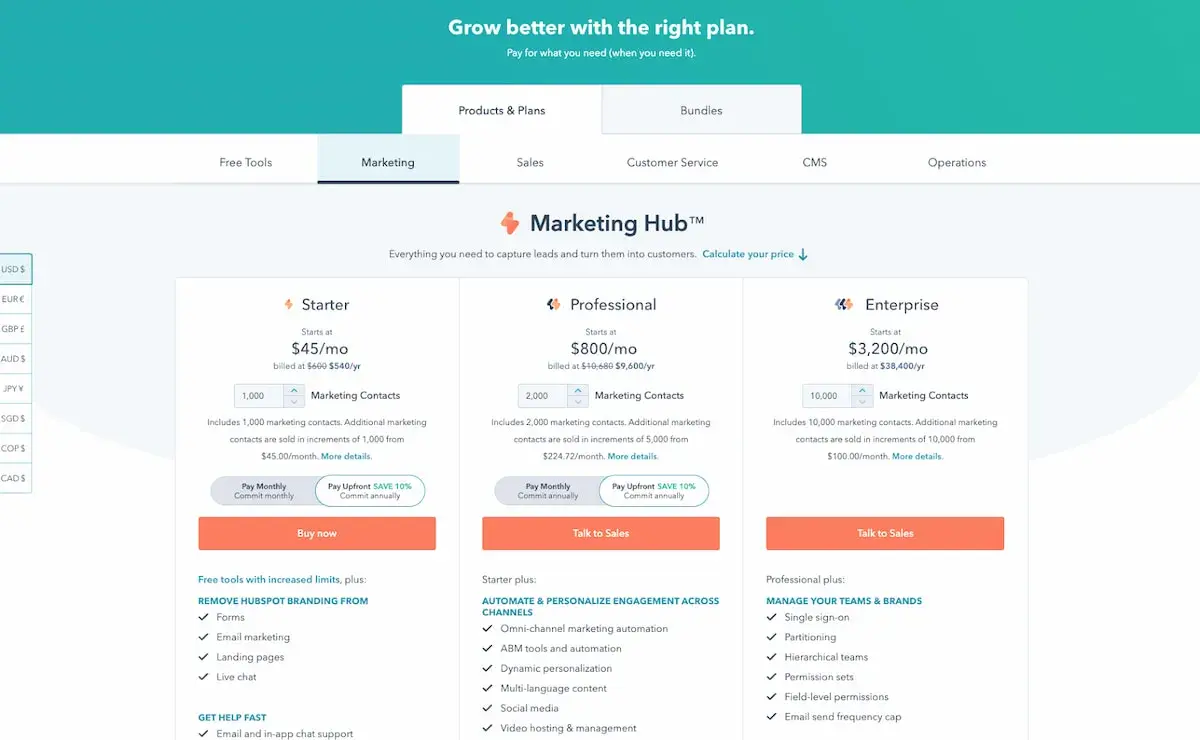 example of hubspot pricing tiers on marketing hub product