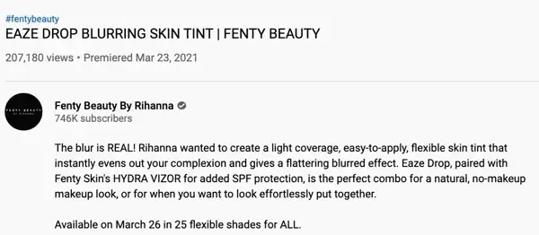 Screencap from a Fenty Beauty YouTube video description.