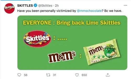 Screencap of a Skittles tweet.