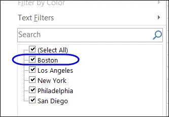 pivot table, check box with name of city