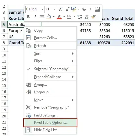 pivot table, choose default values