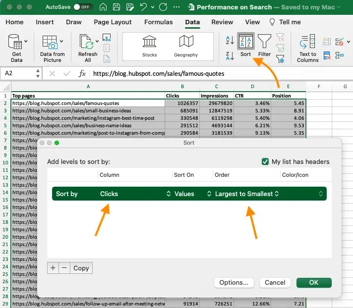 pivot table, sort by clicks