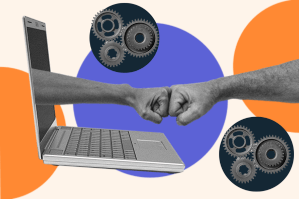 A hand reaches out of a computer, symbolizing AI