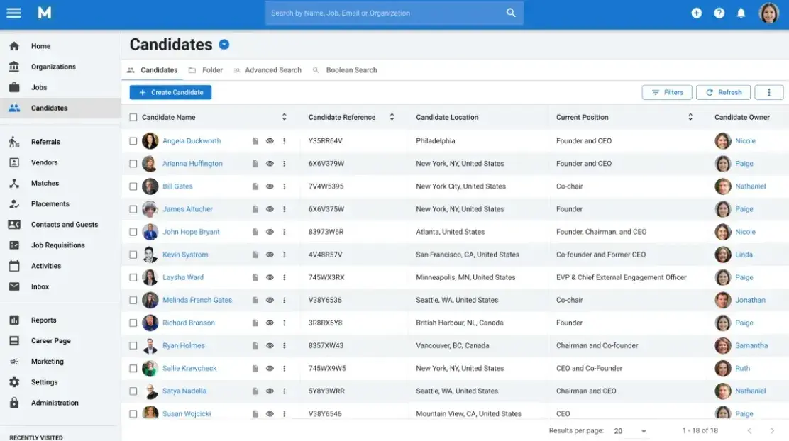 best ai recruiting tools, Manatal’s candidate list screen