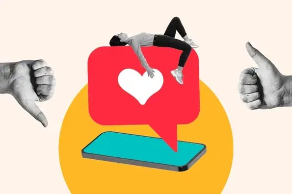 Embracing imperfections in marketing graphic with an exhausted person laying on top of a like symbol from social media