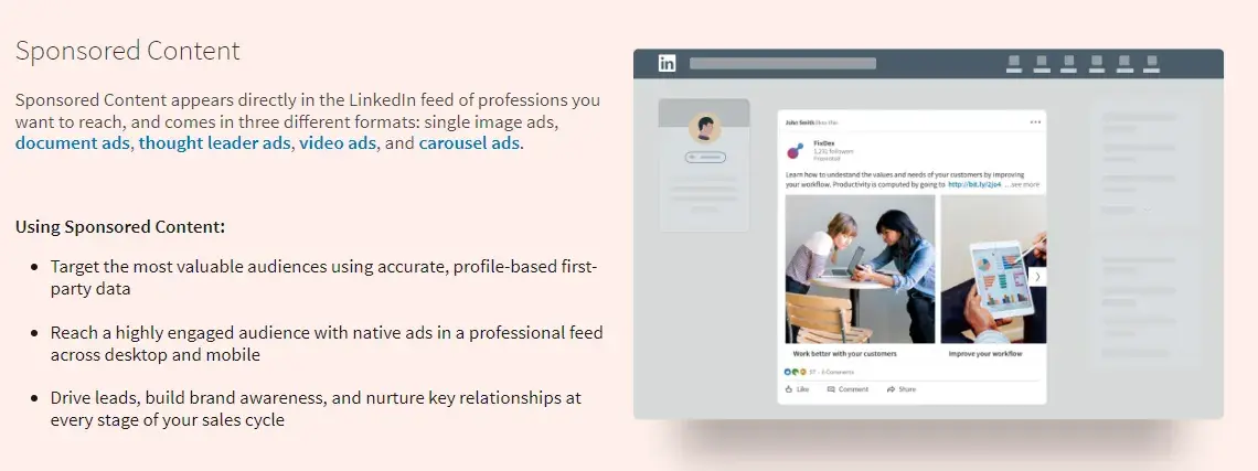 how does linkedin advertising work: screenshot taken from LinkedIn’s guide shows what the sponsored content looks like and provides more data about how to use this paid ad type.