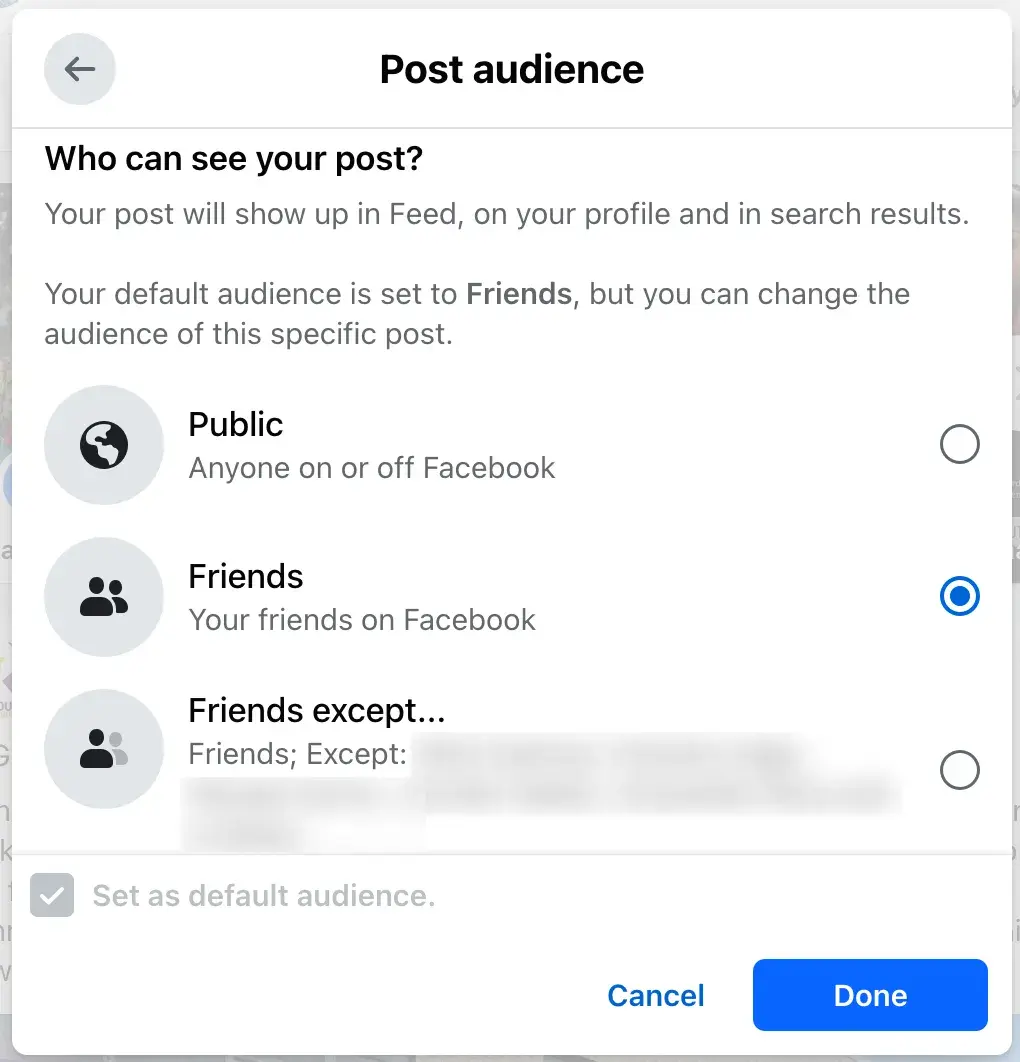 Screenshot Facebook’s audience options for posts