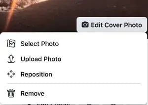 Screenshot showing the cover photo options on Facebook