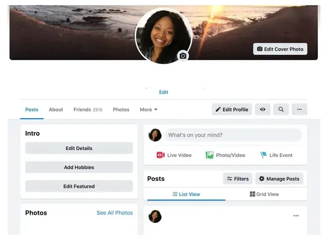 Screenshot showing an example of a Facebook profile timeline