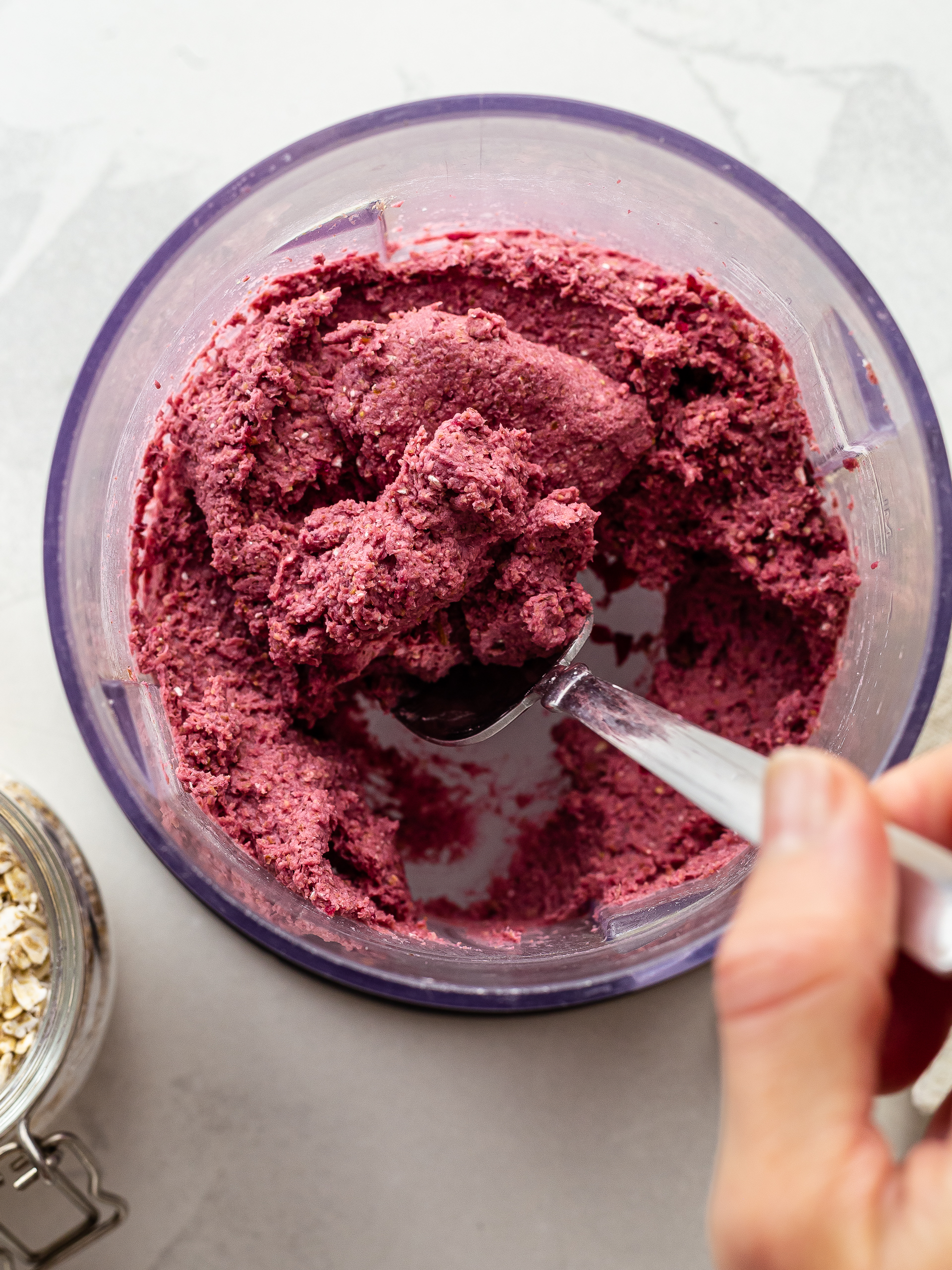 beet oat energy bar dough in a blender